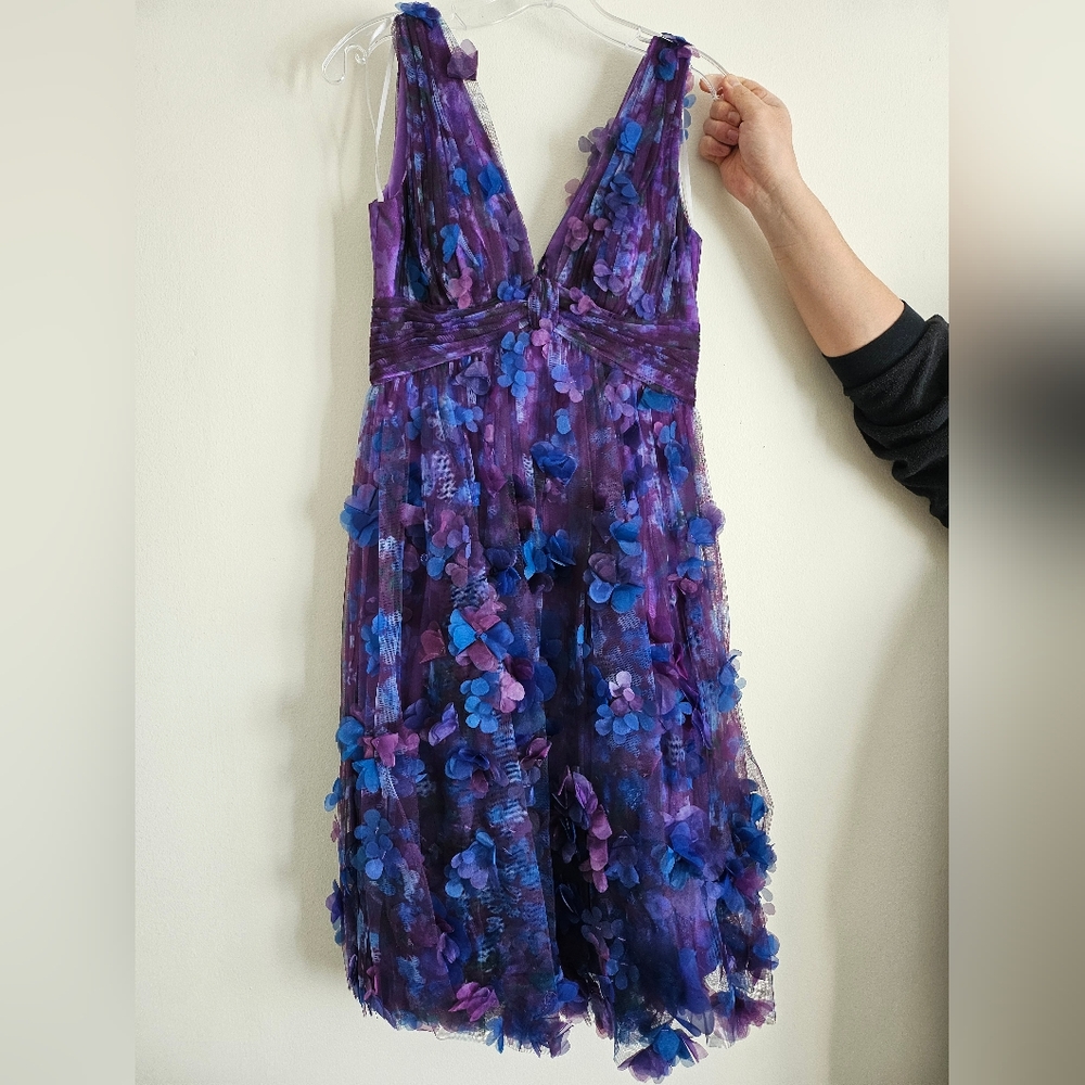 Marchesa Notte 3D Floral Overlay Dress Purple and Blue
